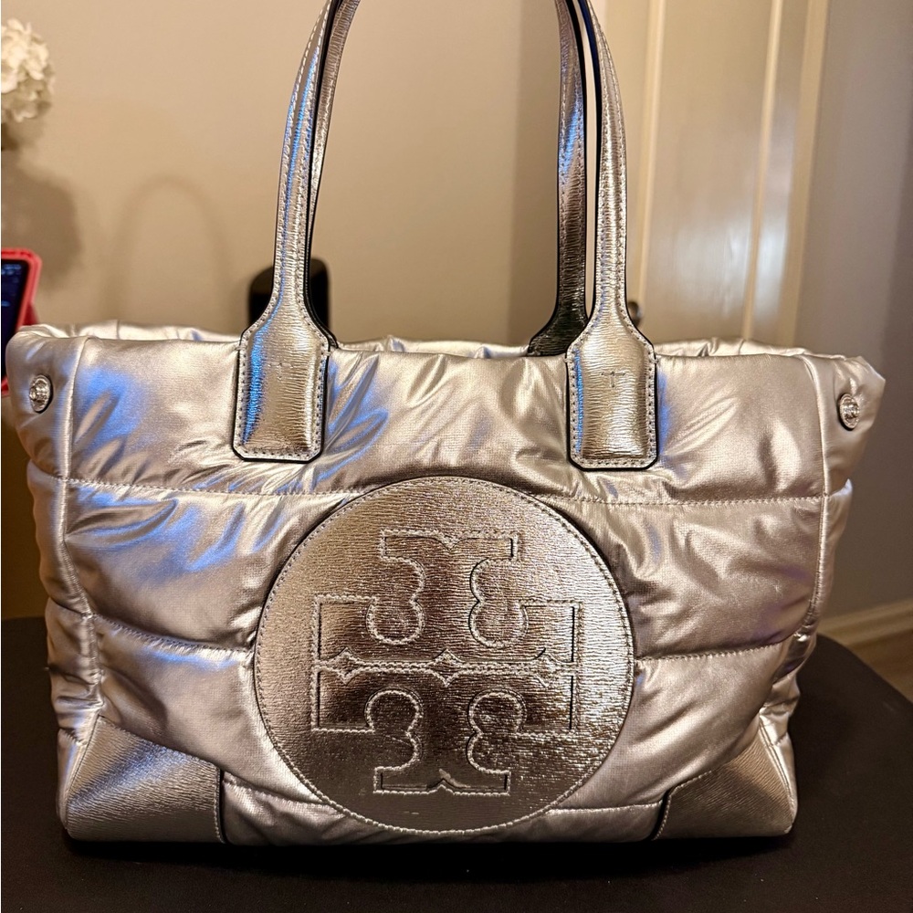 Tory Burch Metallic Silver Quilted Logo Tote with Top Handles
